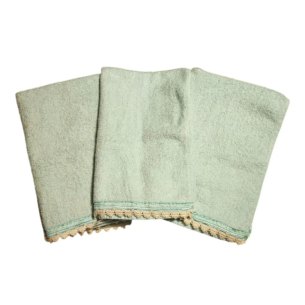 Lot of 5 Vintage Dundee Hand Towels Mint Green with Ribbon & Lace Trim USA Made